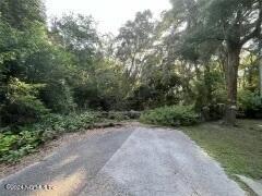 a view of a dirt road with trees in the background