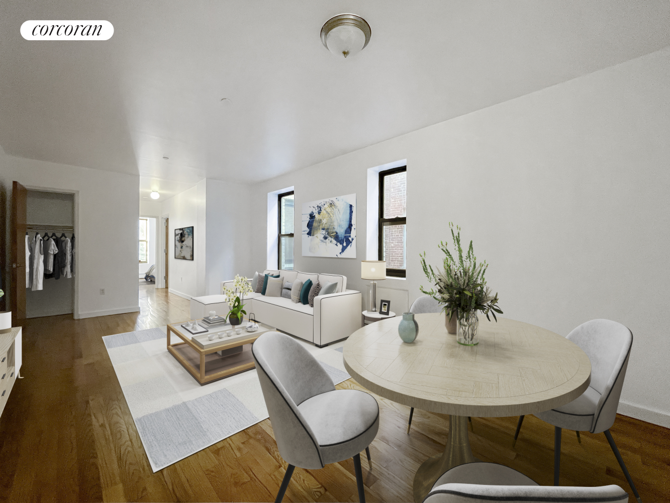 a living room with furniture and a table