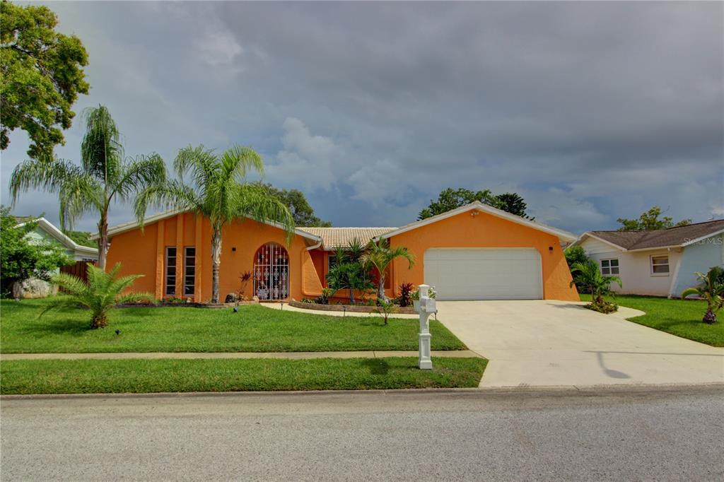 a front view of a house with a yard and garage