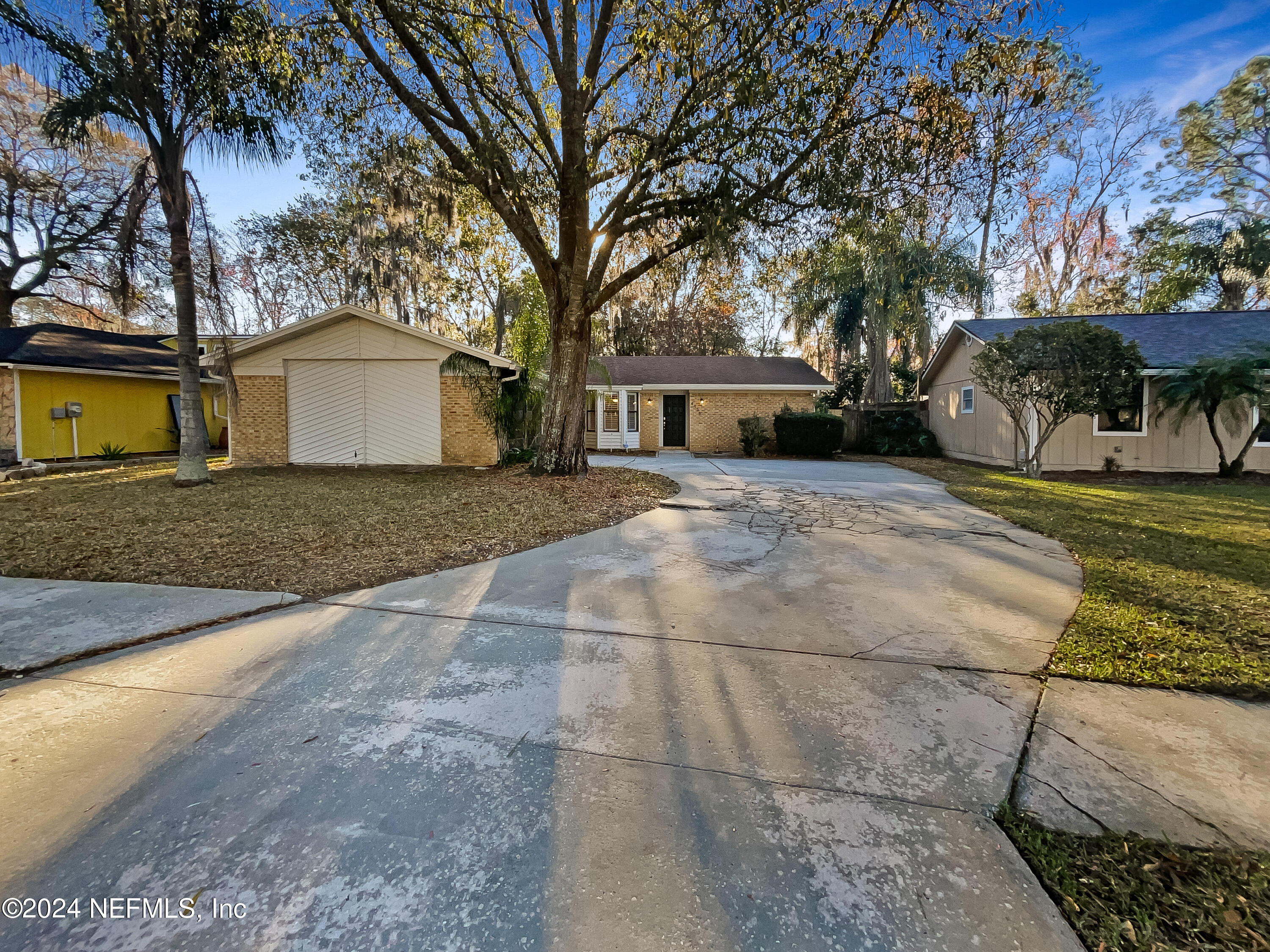 a view of a house with a yard and large tree