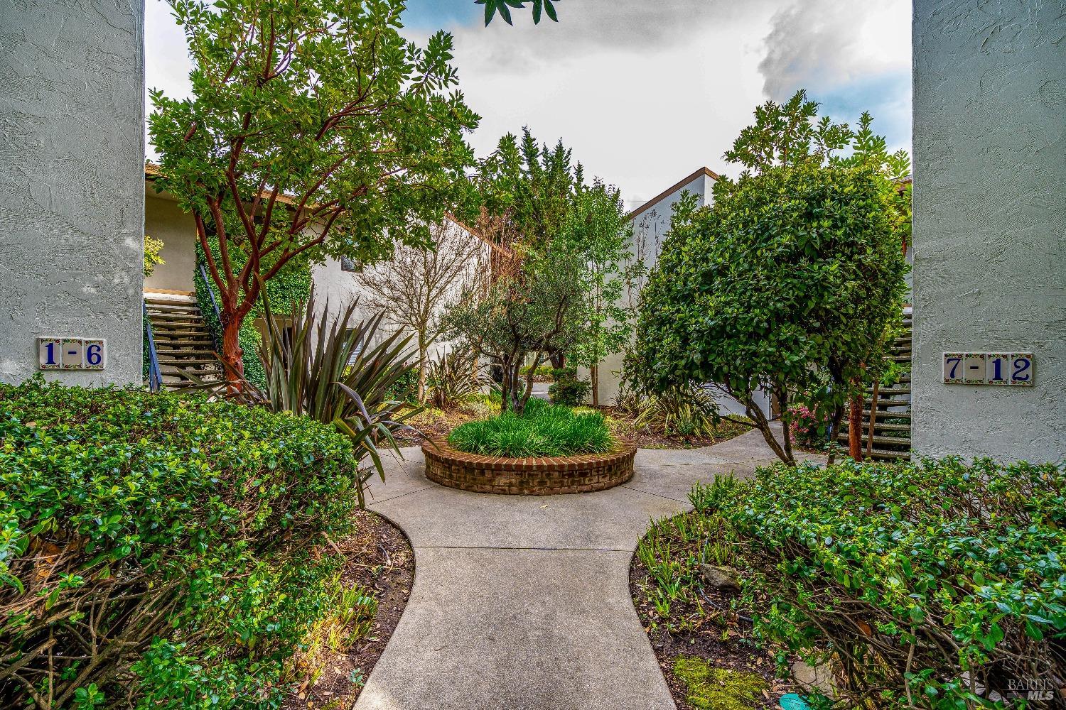 a view of a garden with a fountain