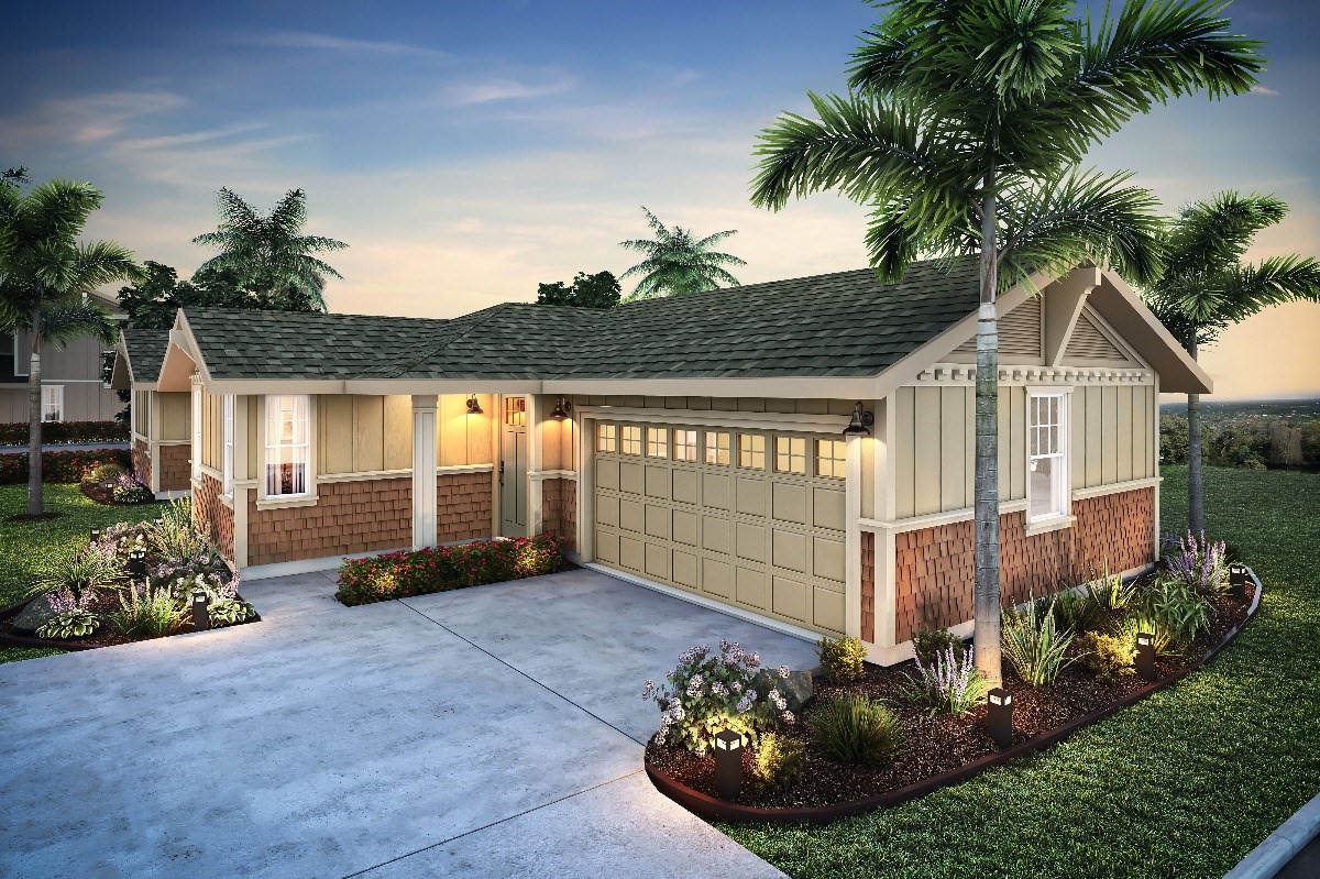 Cottages on Alii Drive. Lot 6, Plan 4, Craftsman Style. 1551 sq feet of interior living space. 3bed/3bth with attached double car garage and a fenced in back yard.