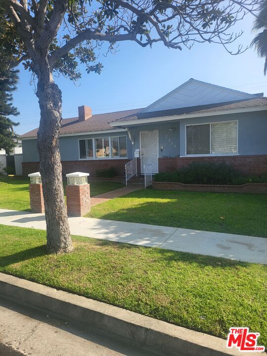 a front view of a house with a yard and a large tree