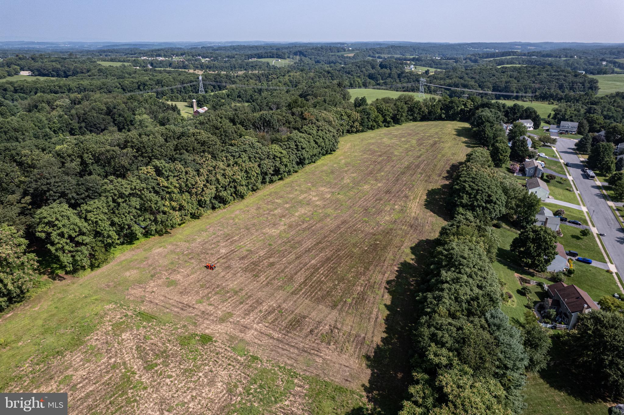 a view of a field with a forest