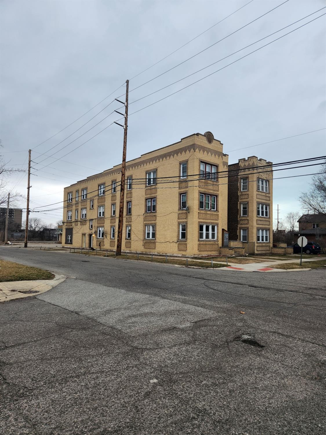 a view of a building with a street