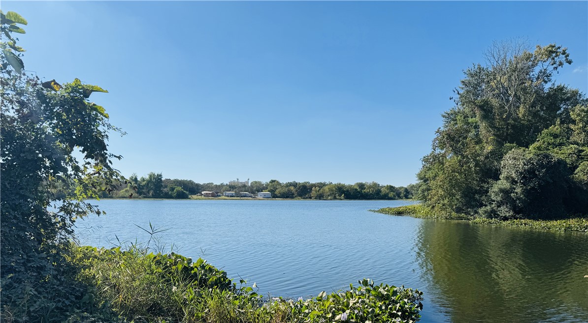 a view of a lake with houses in the back