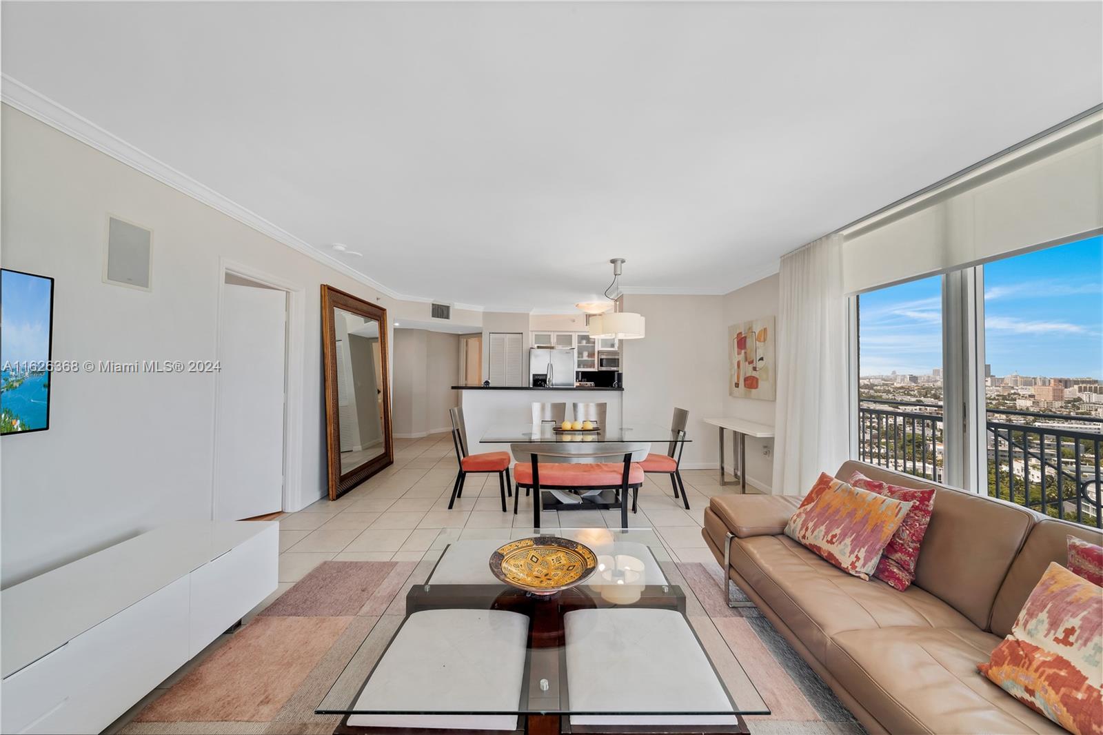 a living room with furniture and a table