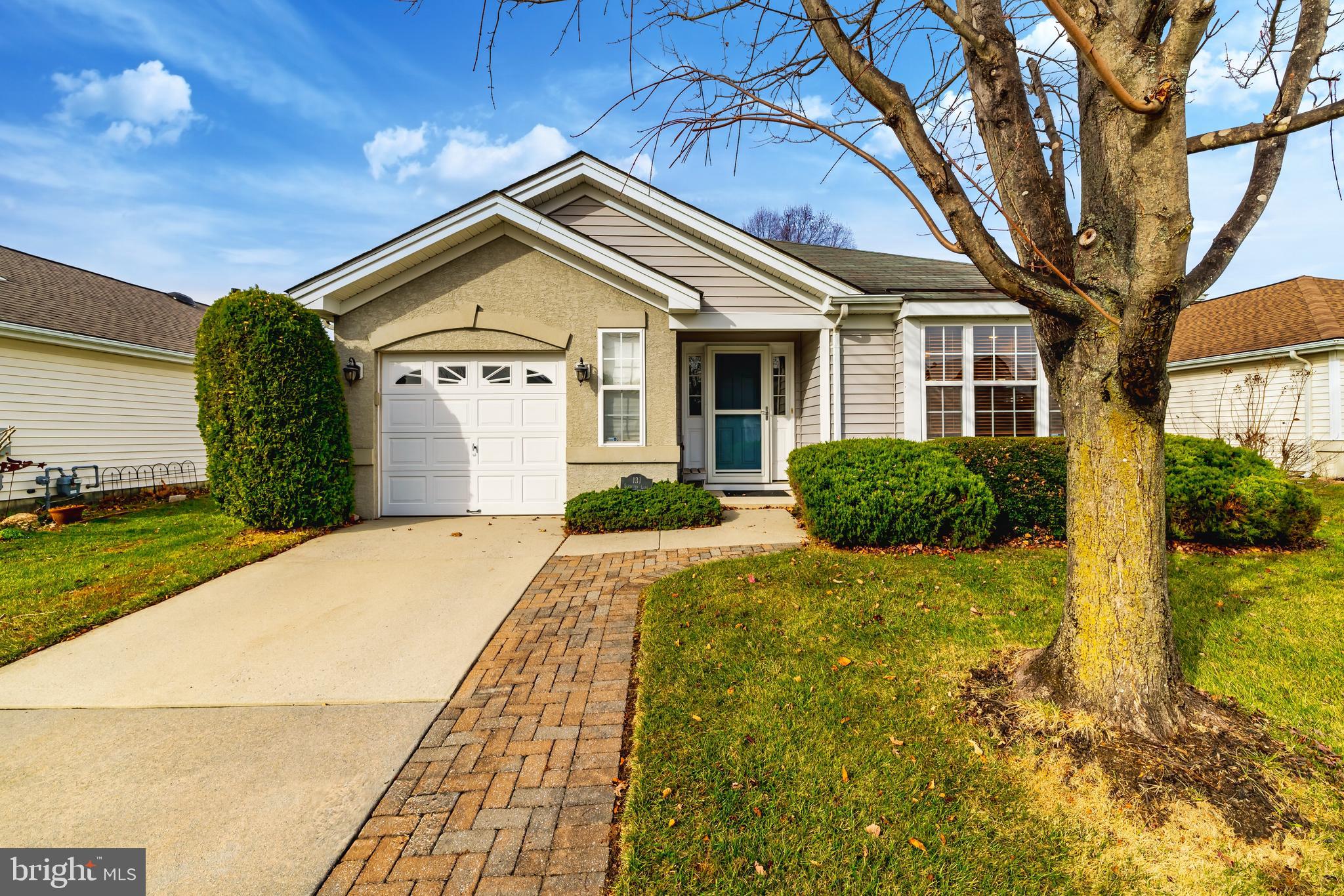 a view of a house with a yard plants and large tree