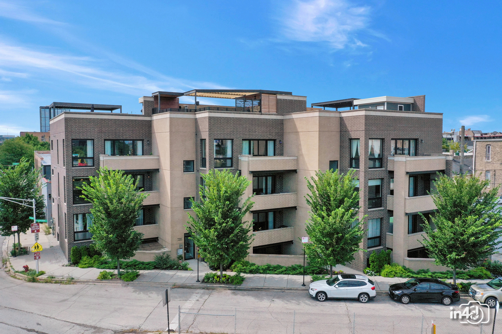 a front view of a multi story building