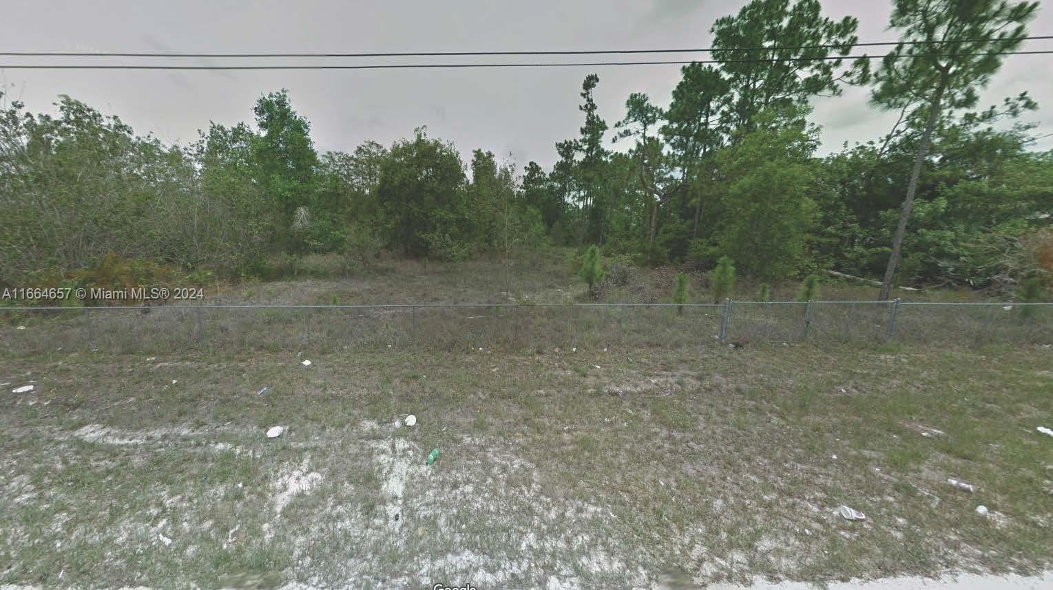 a view of a field with trees in background