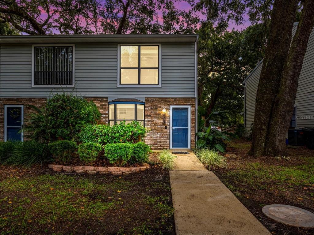 Twilight shot of the front of the Townhome