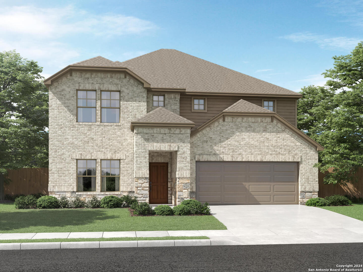 a front view of a house with a garden and garage