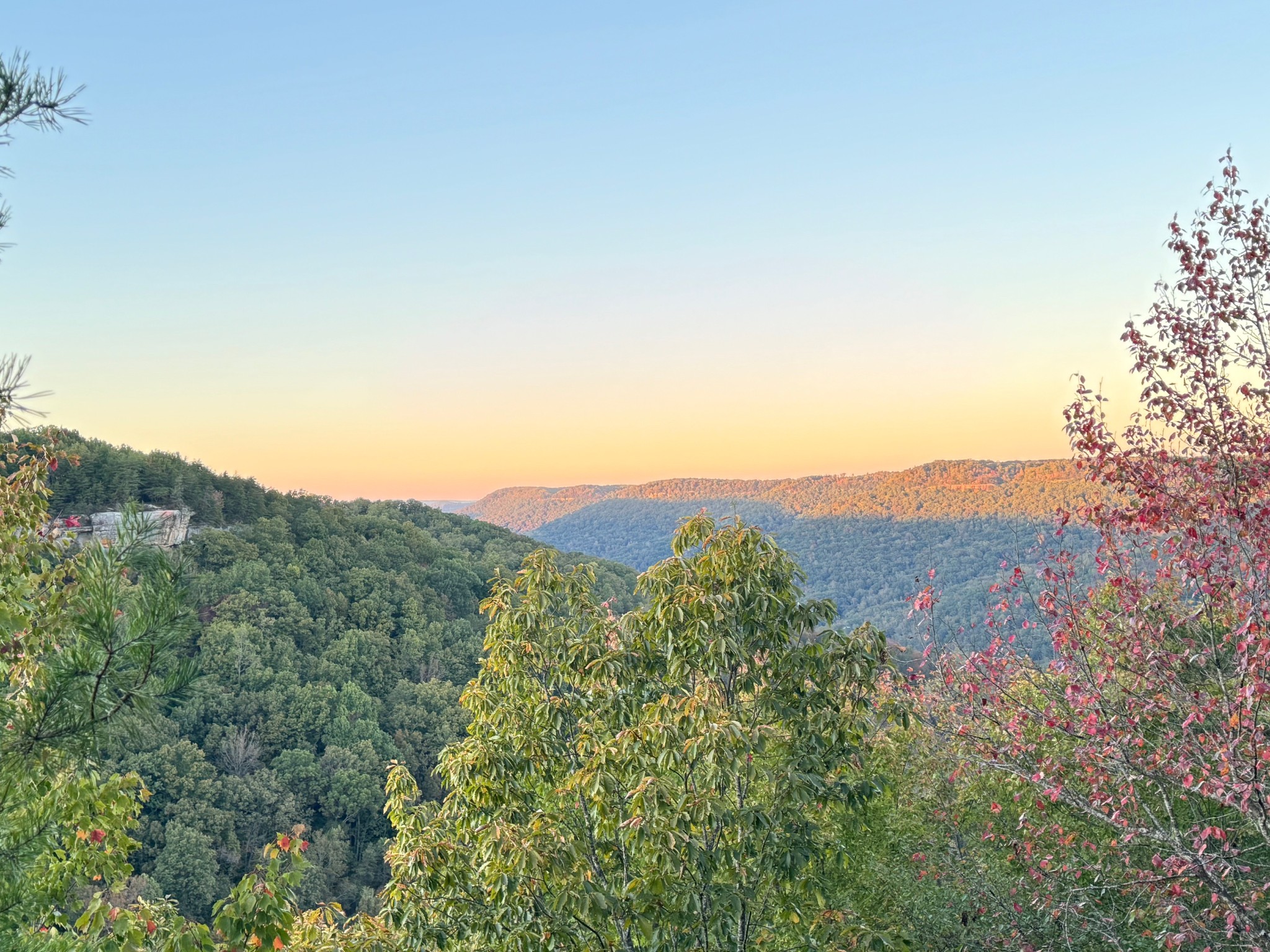 a view of a mountain range with trees in the background