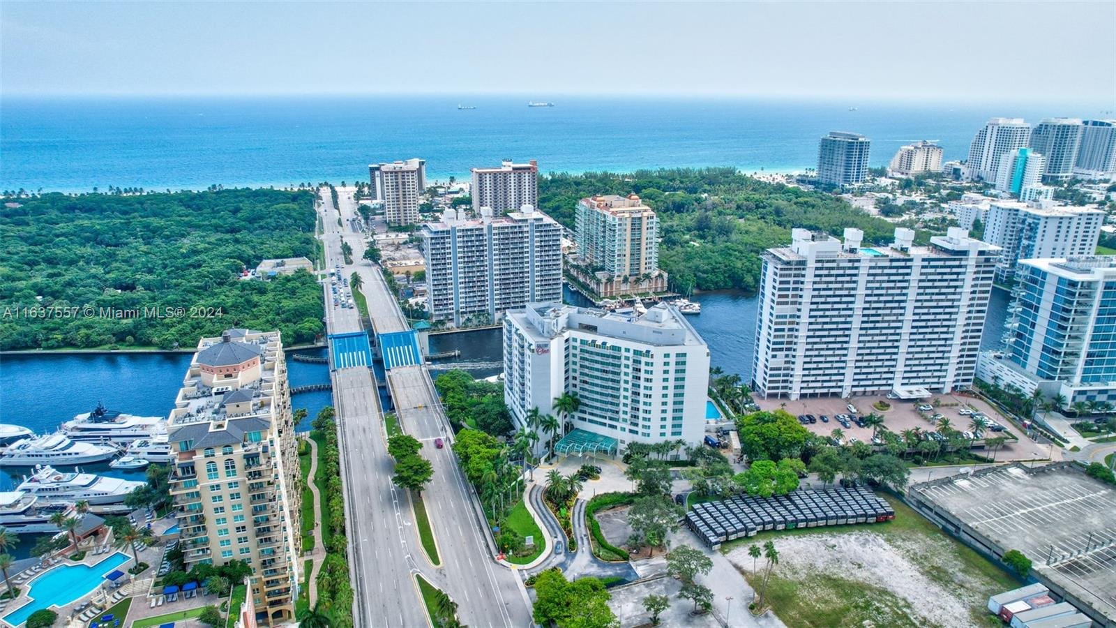 a view of a city and tall buildings