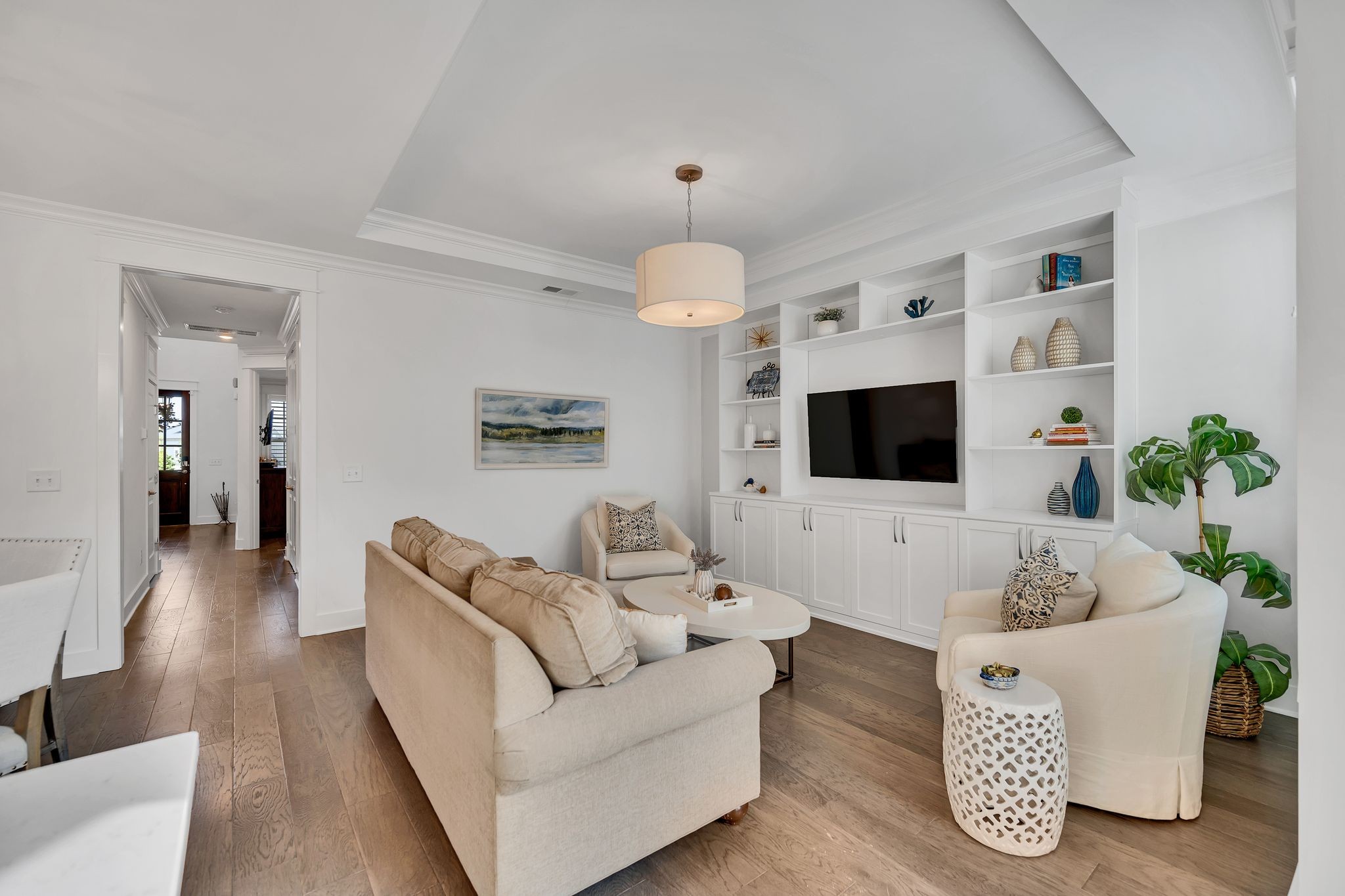 a living room with furniture a flat screen tv and a potted plant