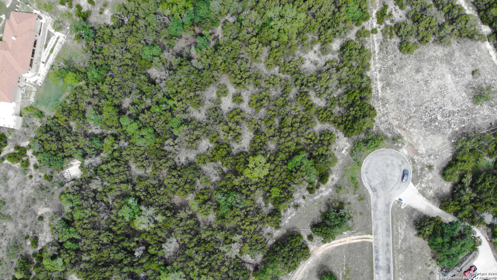 an aerial view of a house with a yard and large trees