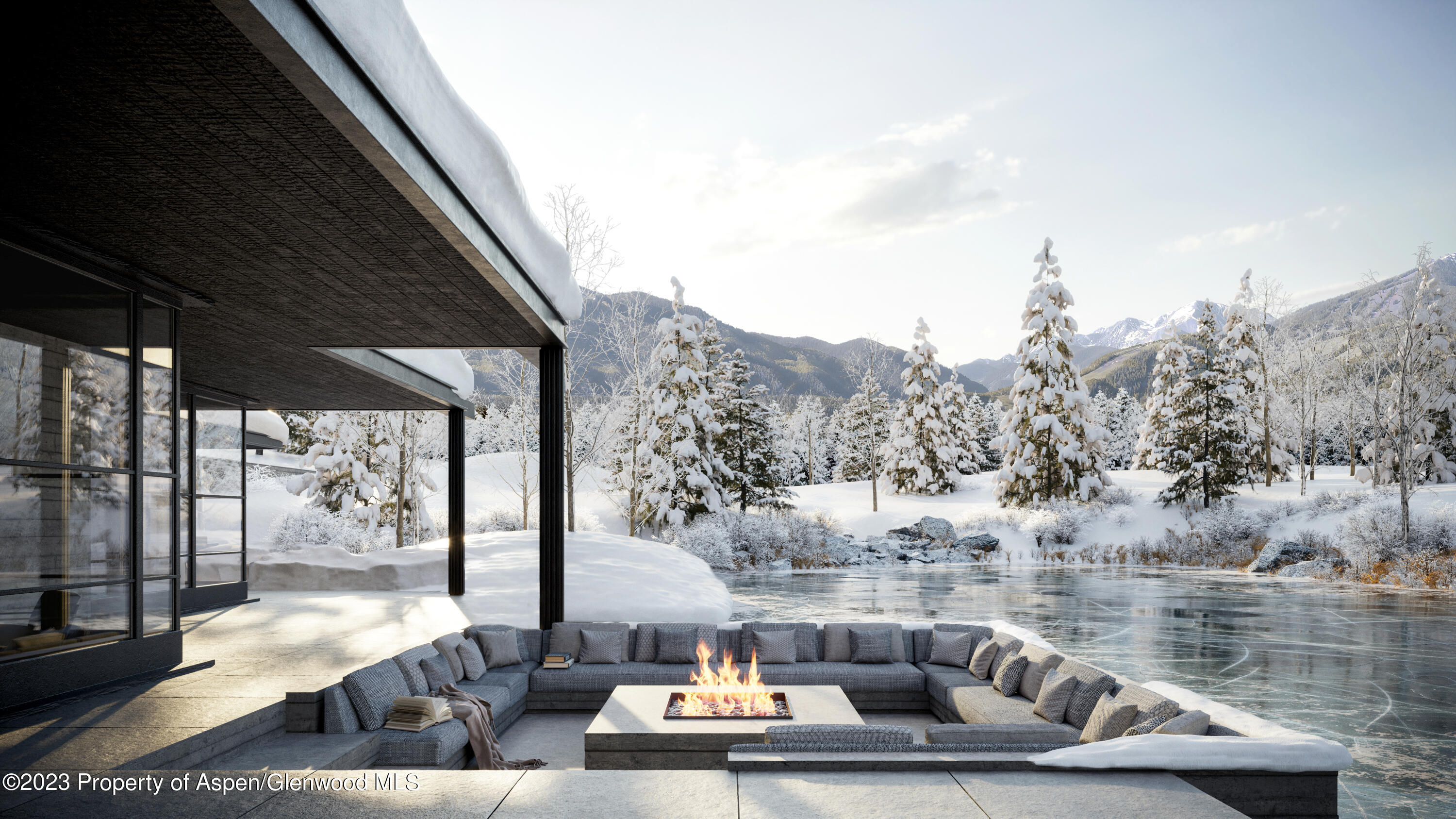 a terrace with outdoor seating and trees