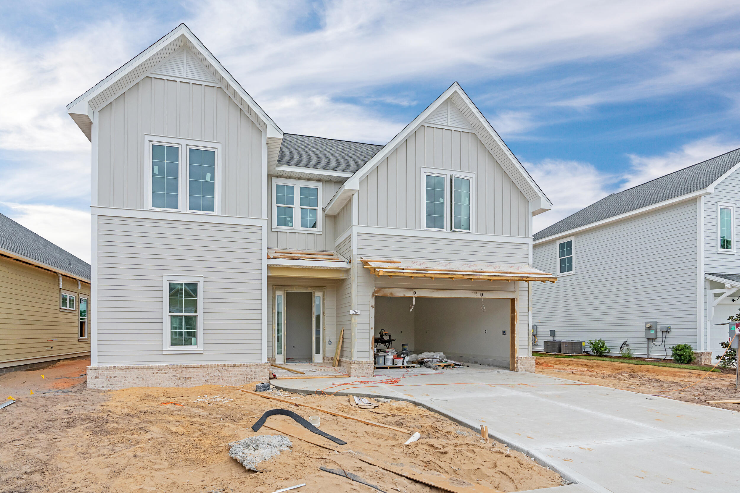 front view of a house with a patio