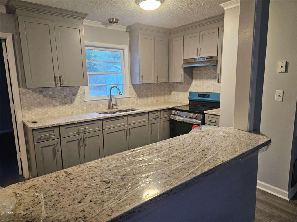 a kitchen with a sink a stove and cabinets