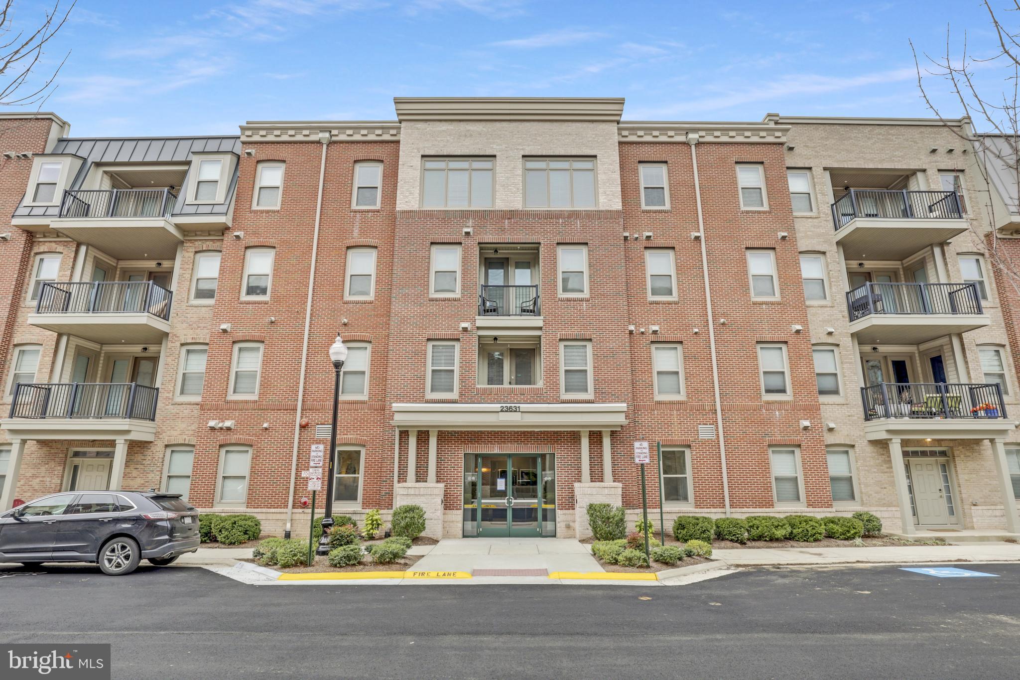 a front view of a brick building