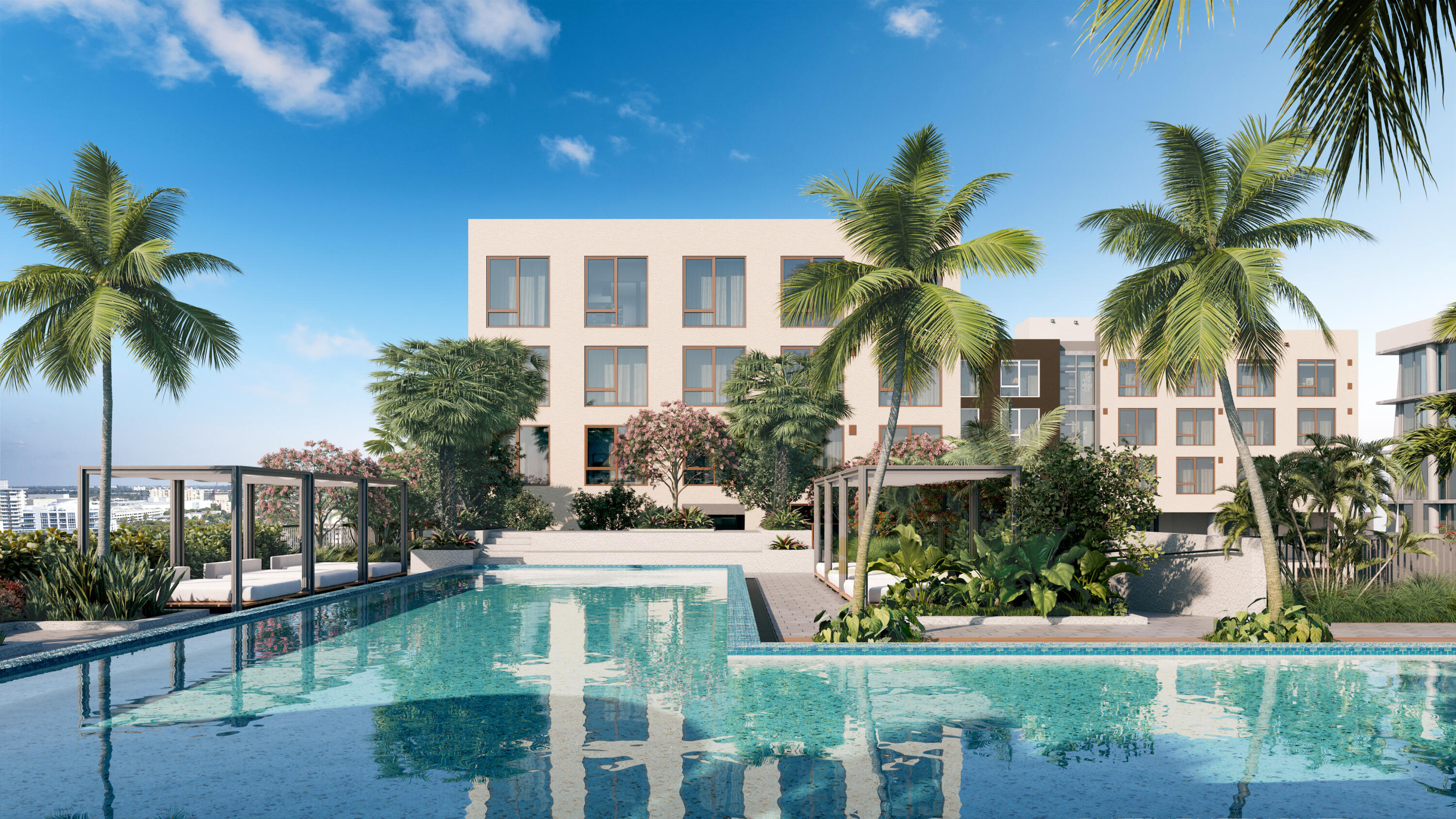 a palm tree in front of a house with a swimming pool