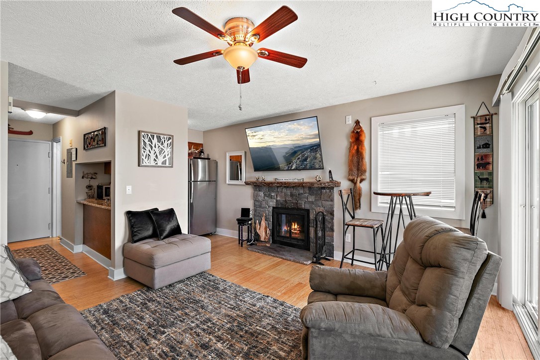 a living room with furniture and a fireplace