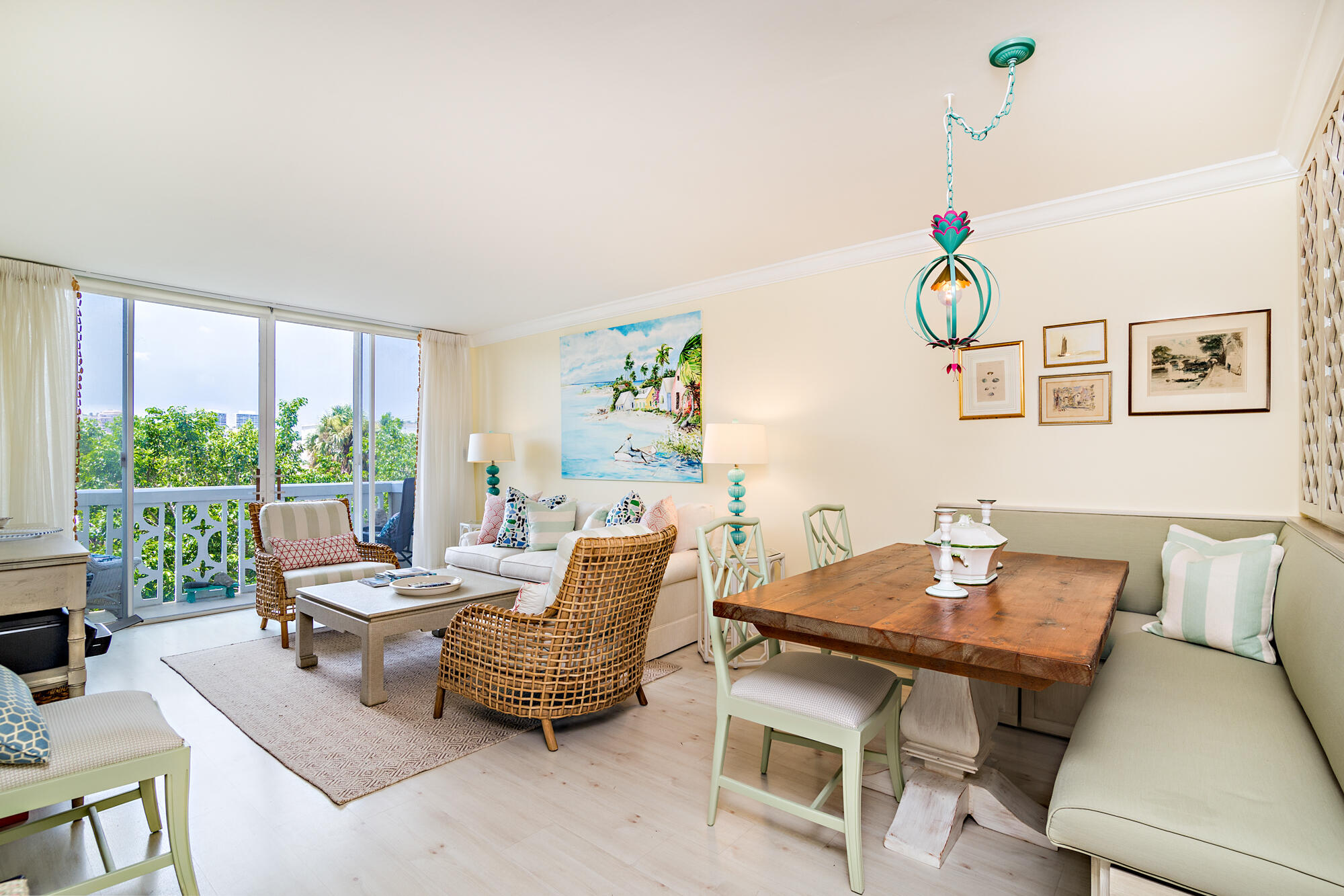 a living room with furniture and a table