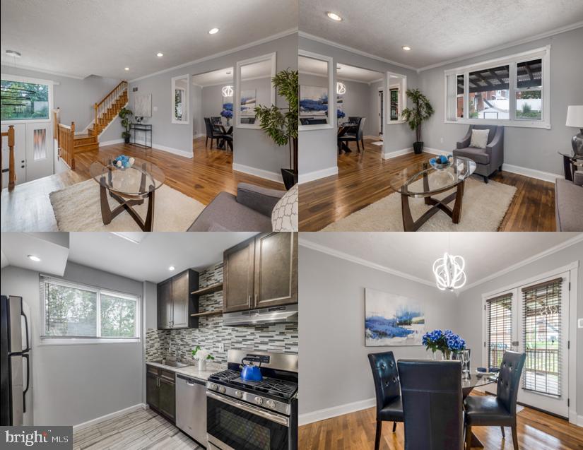 a view of a dining room with furniture a kitchen and chandelier