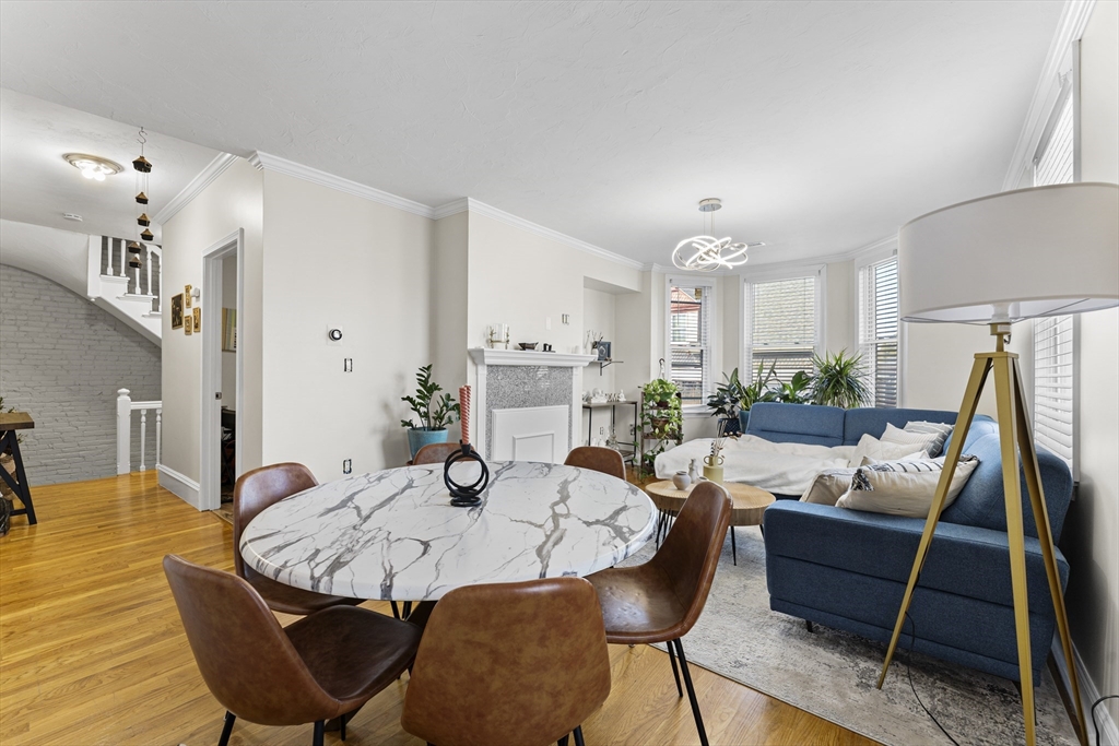 a view of a dining room with furniture