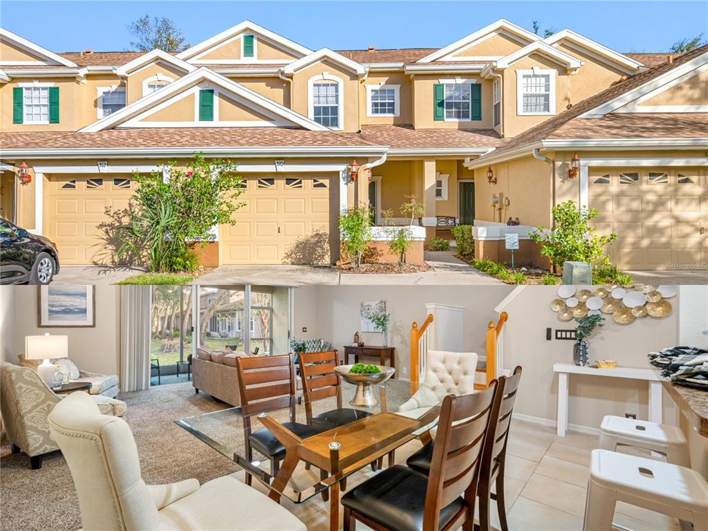 a building outdoor space with patio furniture and potted plants