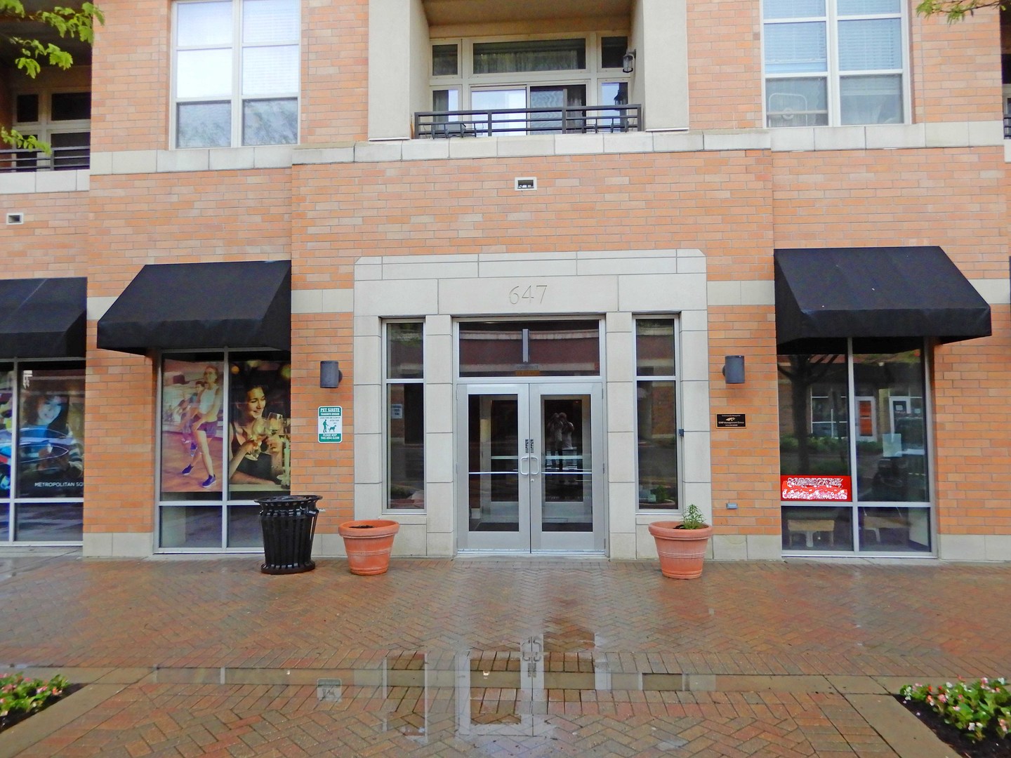 a front view of a building with street