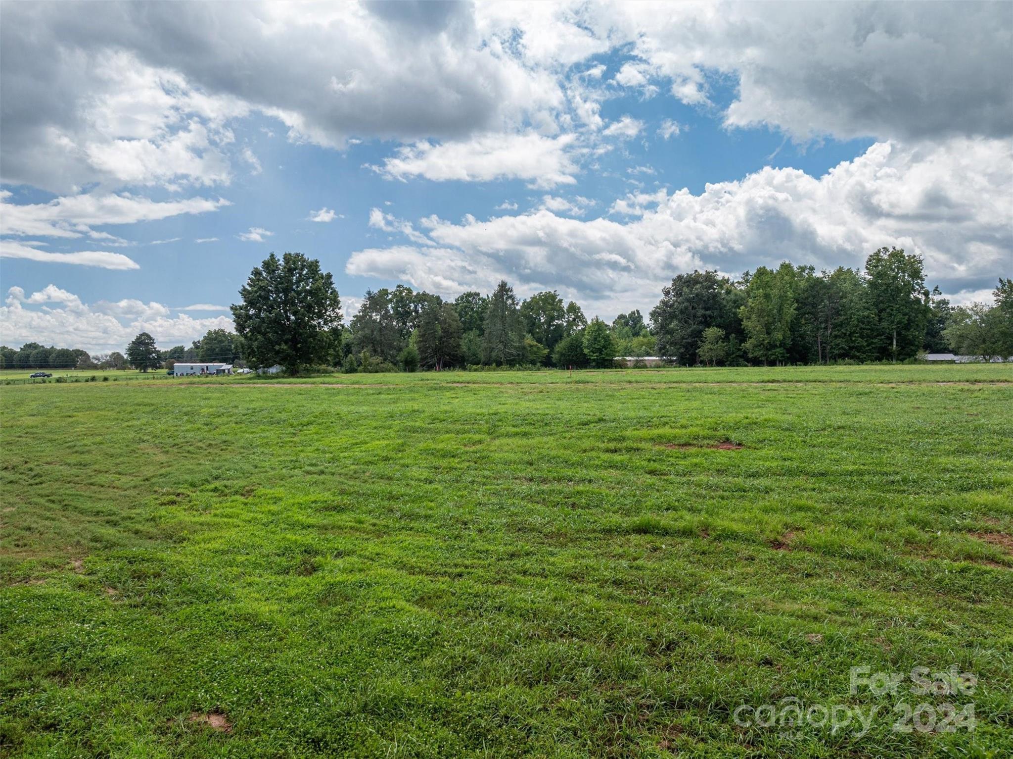 a view of a field with an trees in the background