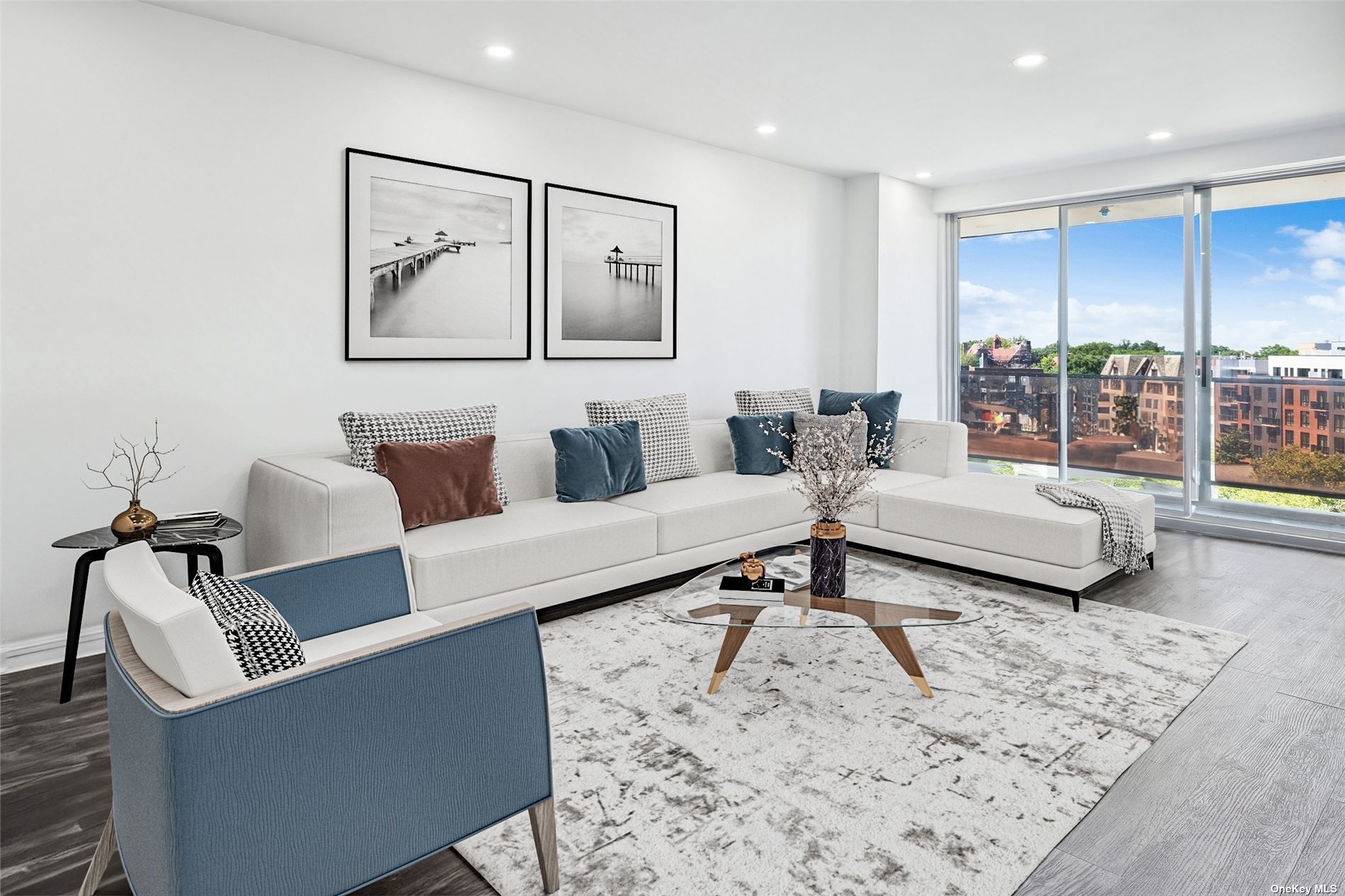 a living room with furniture and a table