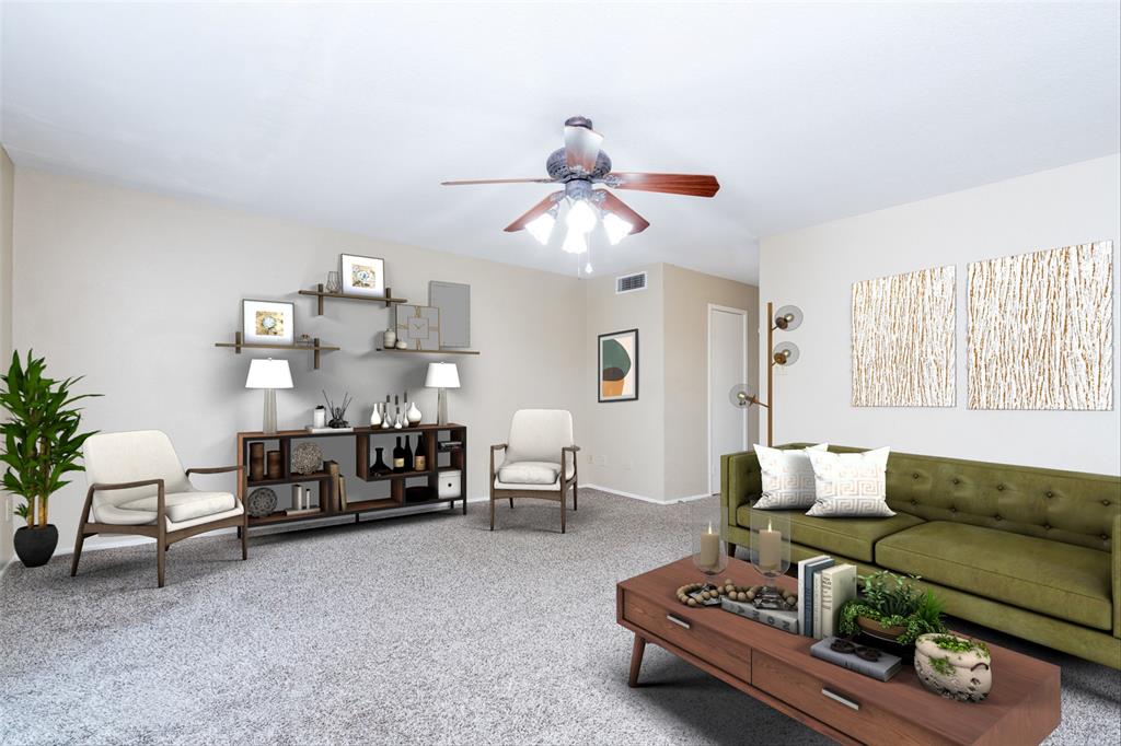 a living room with furniture a chandelier and a window