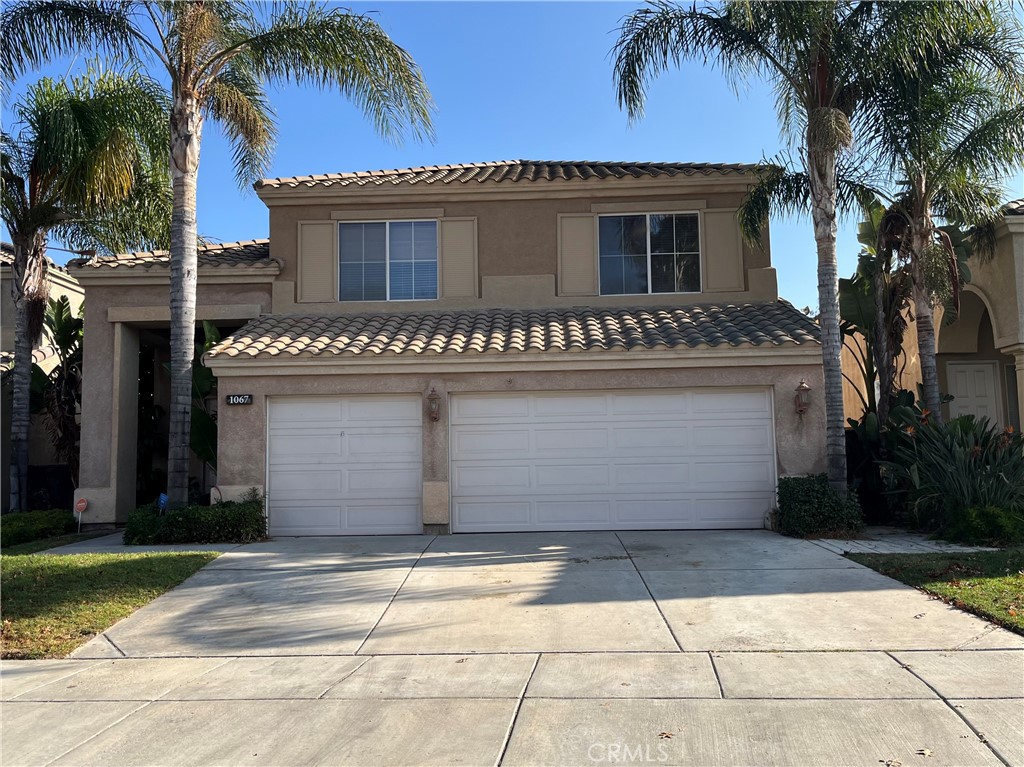 a front view of a house with a yard and palm trees