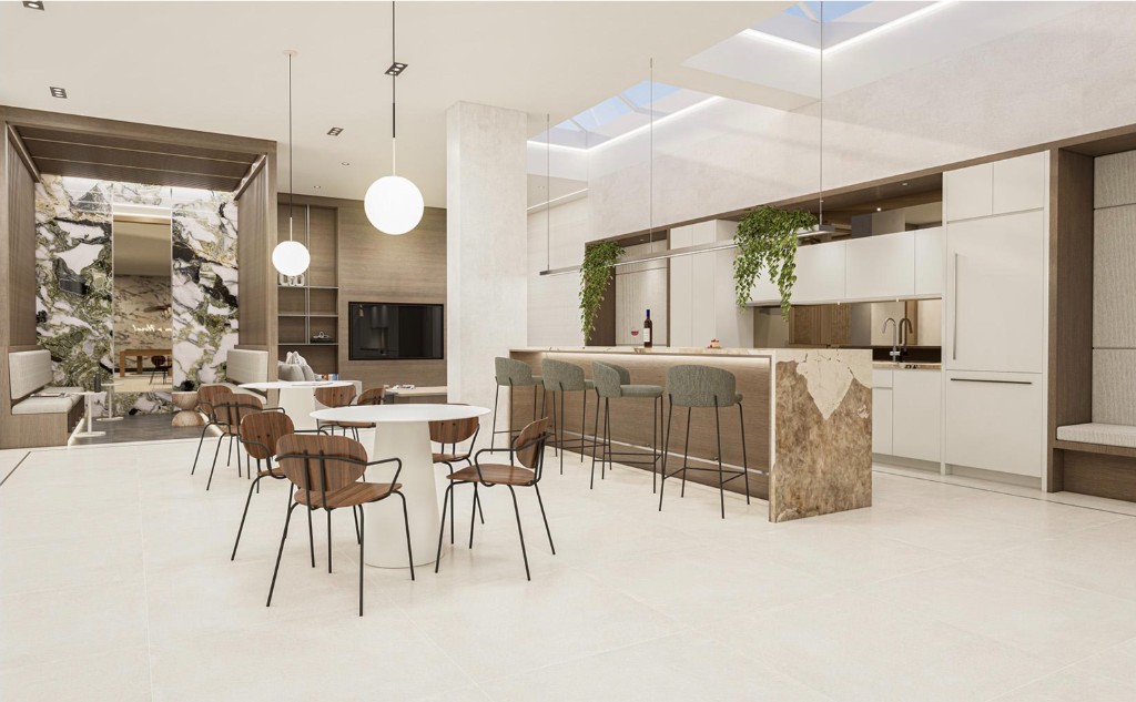 a large kitchen with a table and chairs