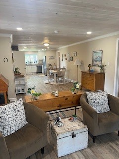 a living room with furniture and a table