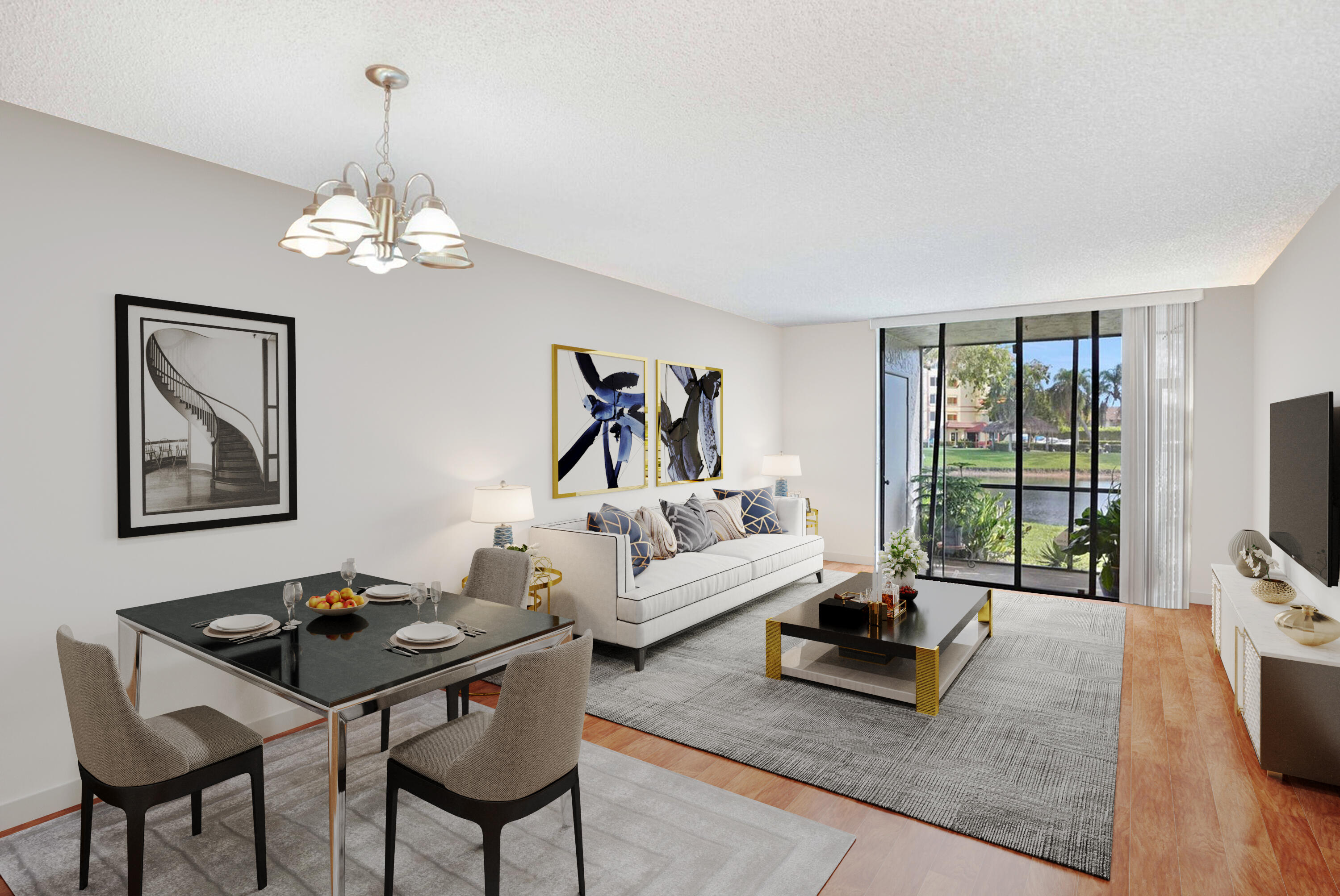 a living room with furniture a chandelier and a flat screen tv