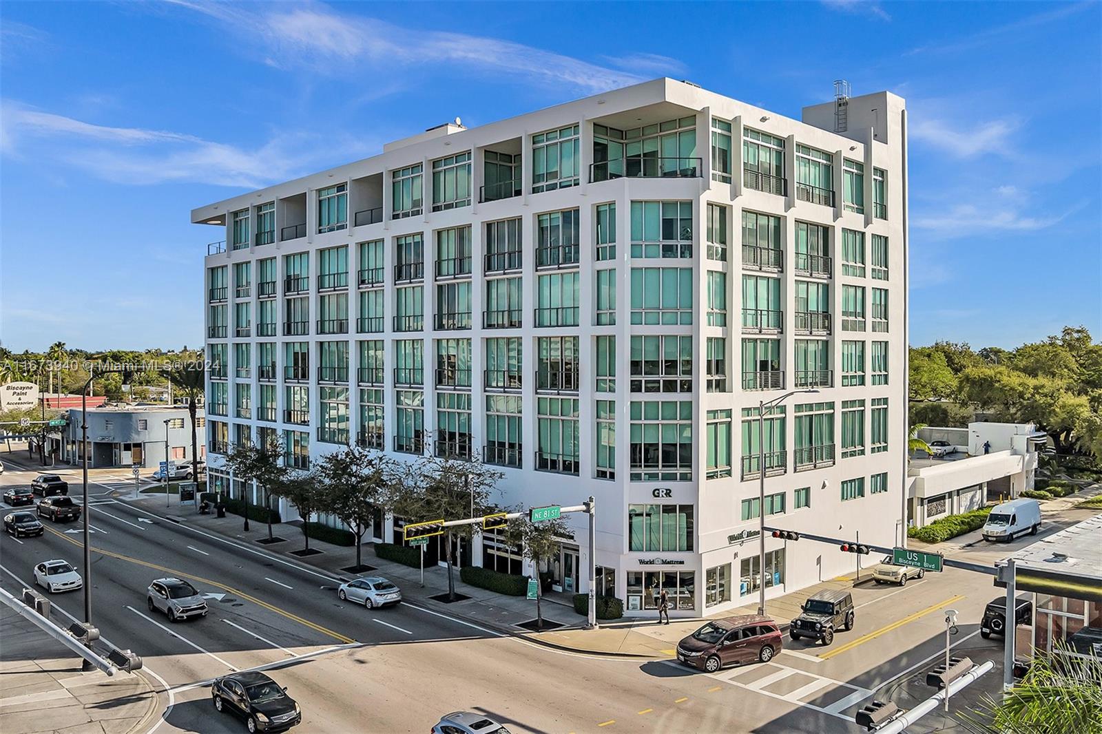 a front view of a building with street view