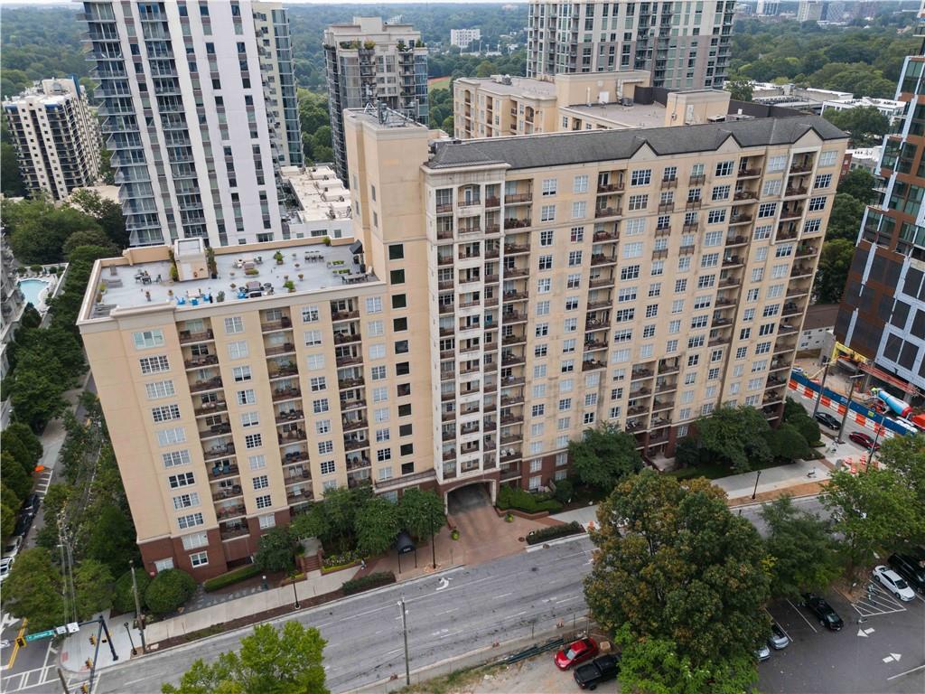 a city view with tall buildings