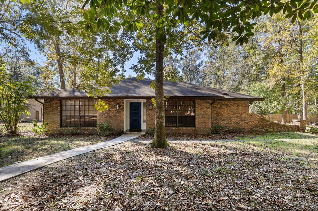 a view of a house with a yard and large tree