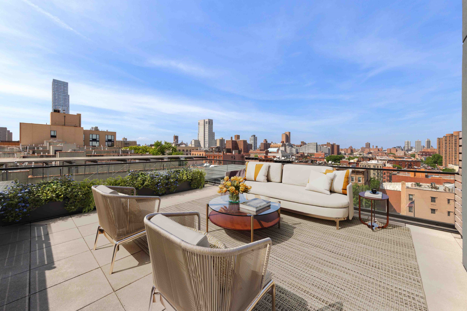 a view of a roof deck with couches and potted plants