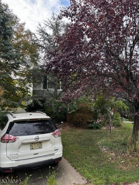 a view of a backyard with table and chairs and plants