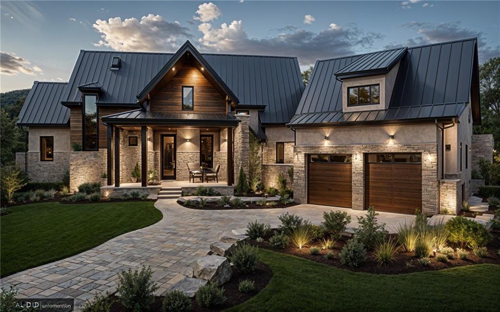 a front view of a house with a yard fire pit and outdoor seating