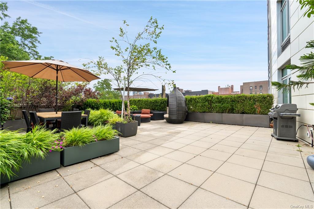 a view of a garden with sitting area