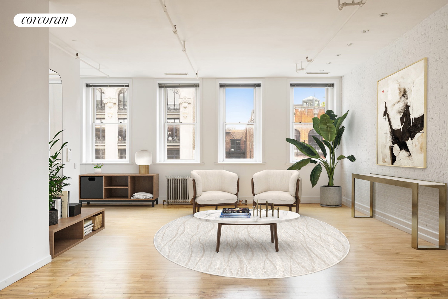 a living room with furniture and a table