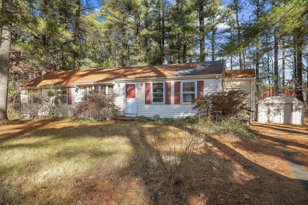 a front view of house with yard and trees around