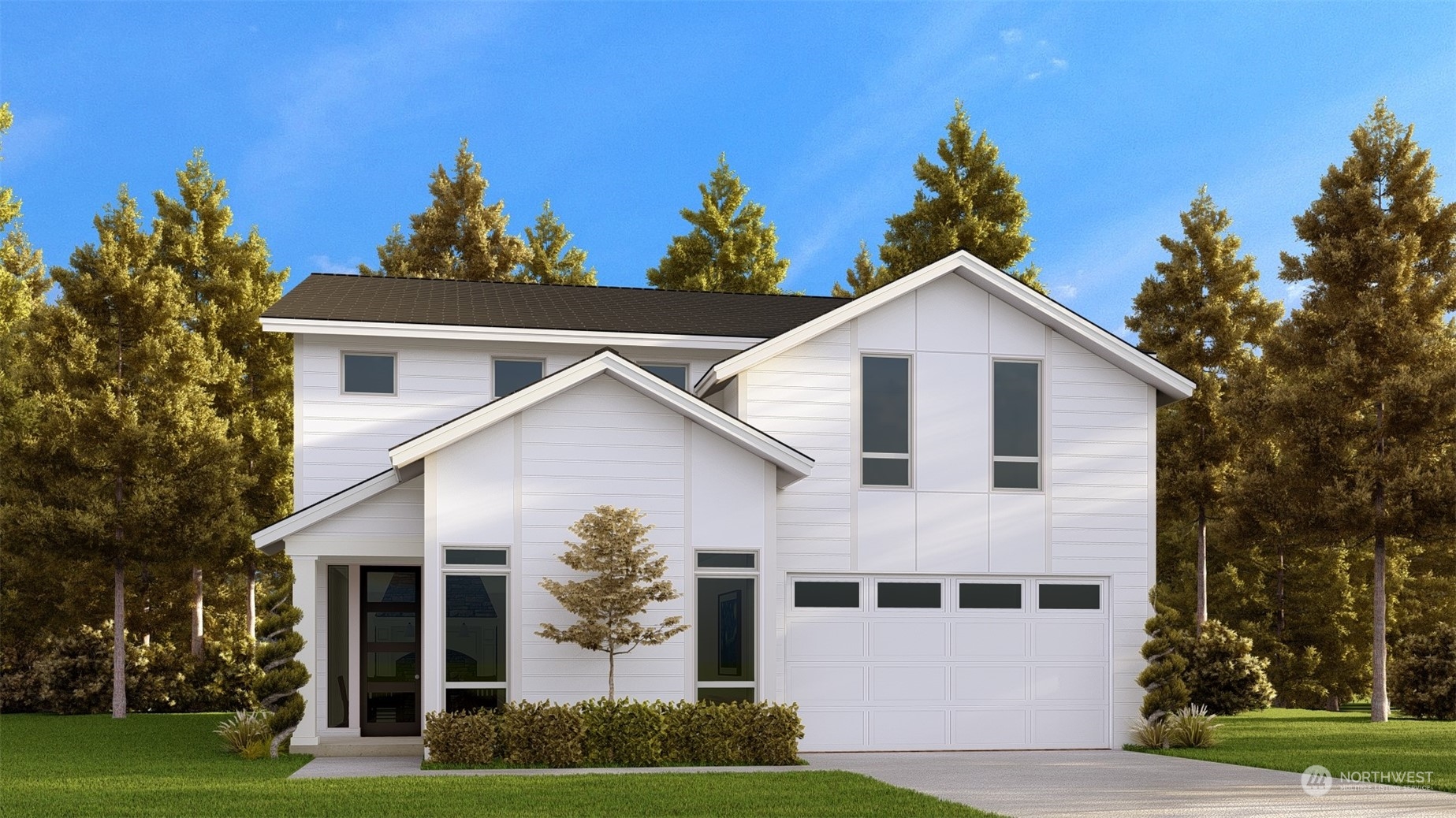 a view of a white house next to a yard with big trees