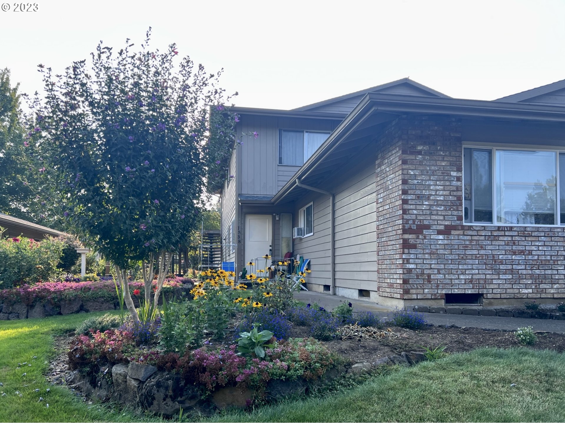 a view of a house with a yard and plants