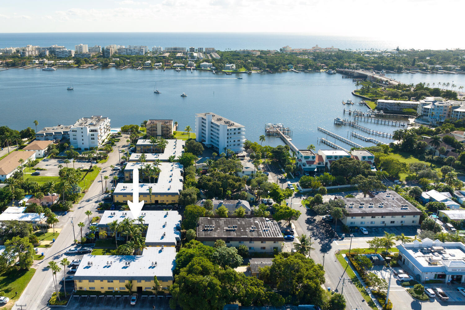 a view of a lake with a city